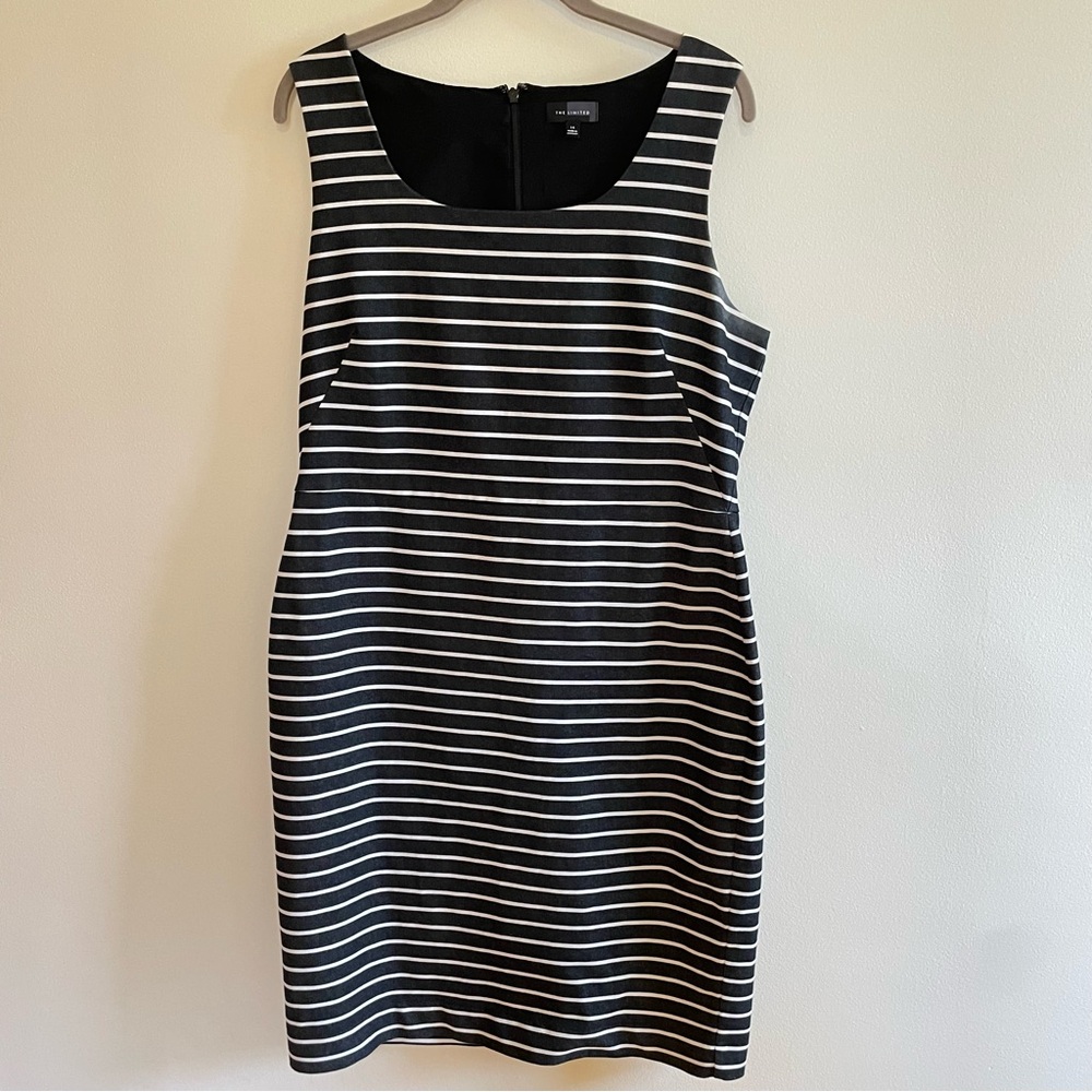 The Limited sleeveless striped charcoal gray and white sheath dress size 14